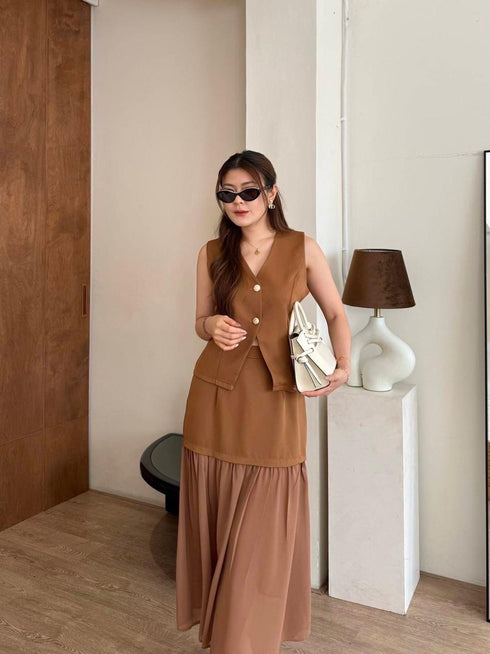V-neck Sleeveless Blouse With Skirts Sets